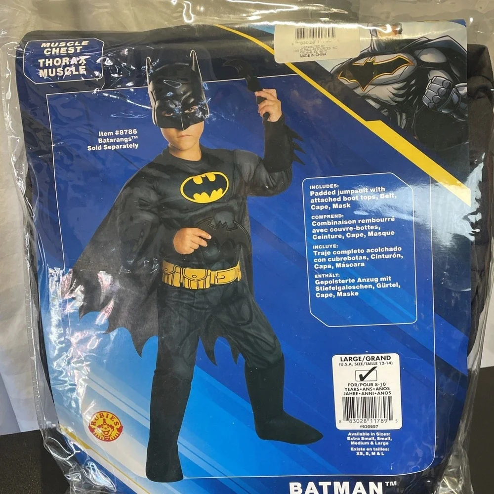 New‎ DC Comic Batman Deluxe Costume Kids L 12-14 Padded Jumpsuit Belt Cape Mask